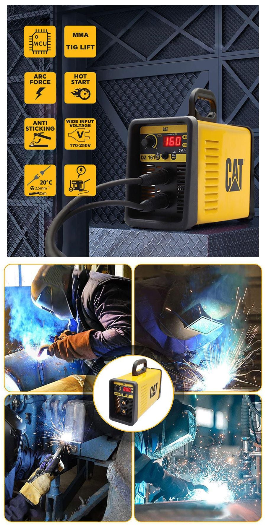 CAT DZ161 160 Amper TIG LIFT ve MMA destekli çanta tipi profesyonel dijital inverter kaynak makinesi
