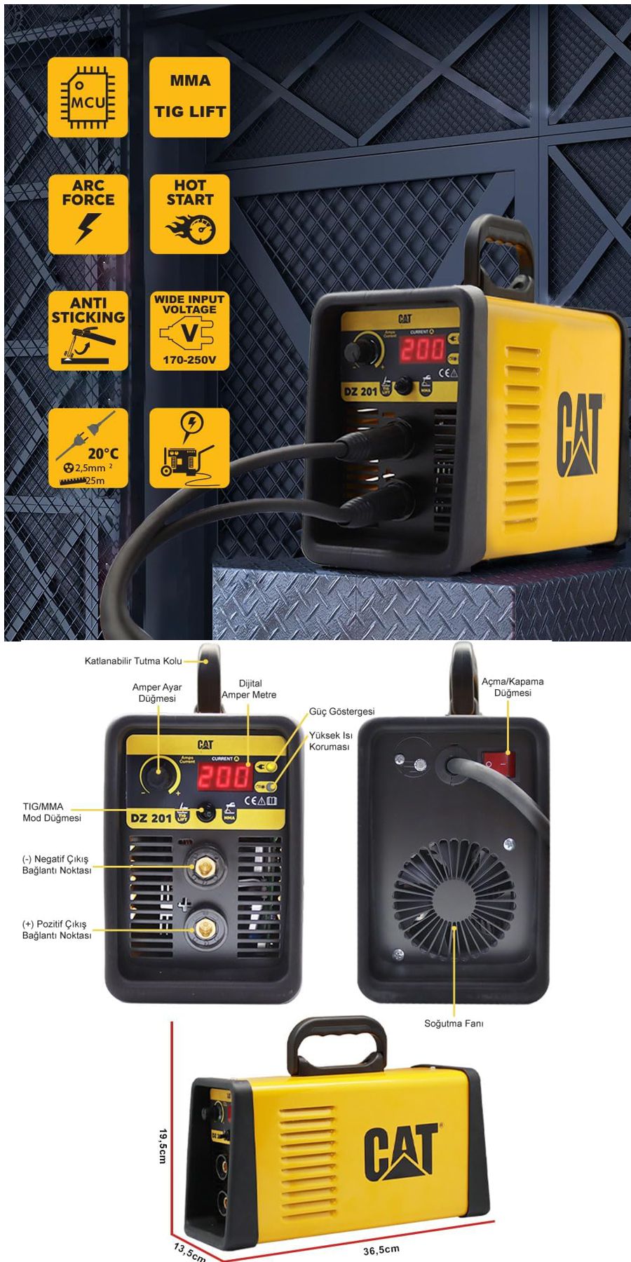 CAT DZ201 200 Amper TIG LIFT ve MMA destekli çanta tipi profesyonel dijital inverter kaynak makinesi