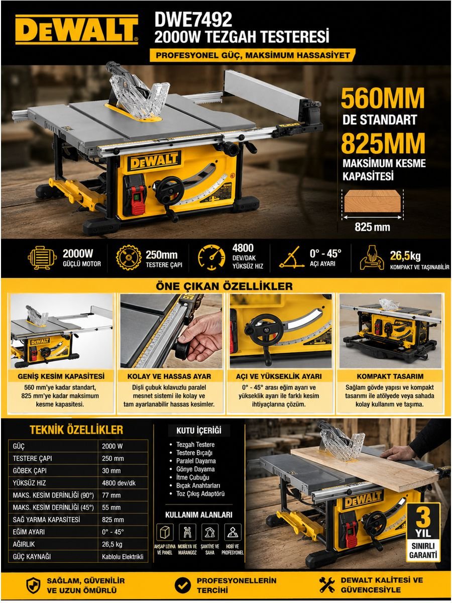 DeWalt DWE7492 2000W 250 mm profesyonel tezgah tipi testere, geniş kesim kapasitesi ve hassas paralel dayama sistemiyle atölye kullanımı için.