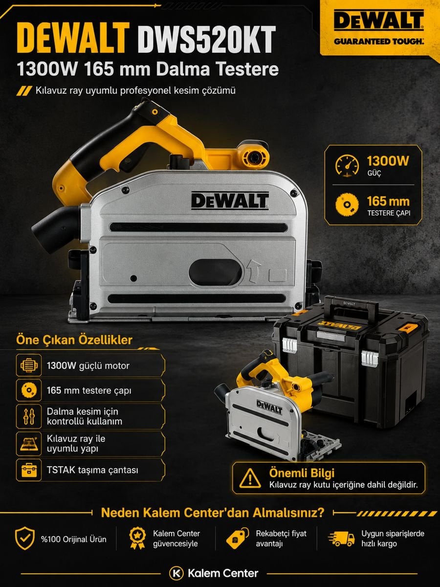 Dewalt DWS520KT 1300W 165 mm dalma testere açıklama görseli, kılavuz ray uyumlu yapı, TSTAK taşıma çantası ve öne çıkan ürün özellikleri