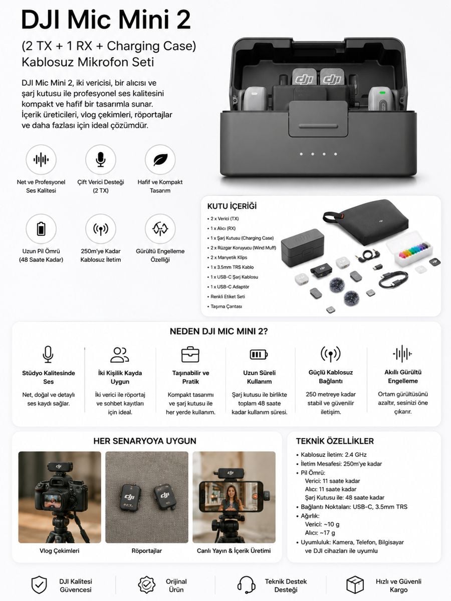 DJI Mic Mini 2 kablosuz mikrofon seti 2 verici 1 alıcı ve şarj kutusu ile profesyonel ses kayıt çözümü