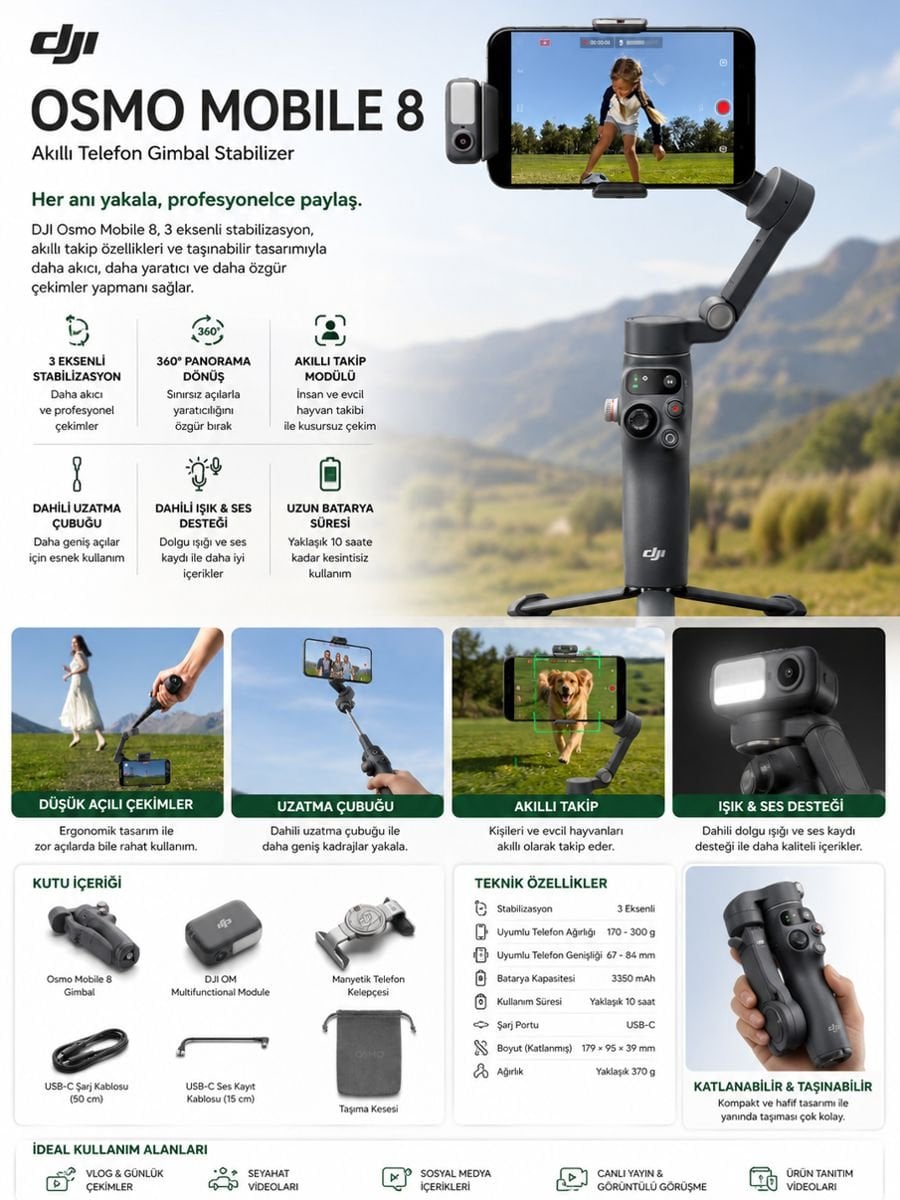 DJI Osmo Mobile 8 akıllı telefon gimbal stabilizer, 3 eksenli stabilizasyon ve akıllı takip özellikli telefon çekim ekipmanı