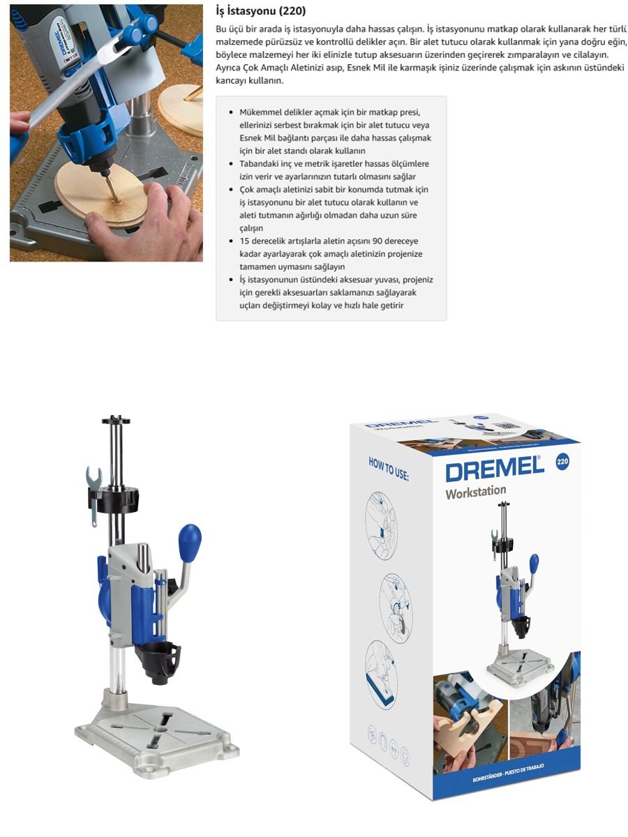 Dremel 220 Workstation matkap tezgahı ve alet askısı ile dikey ve açılı delme, sabit kullanım ve düzenli çalışma alanı avantajları
