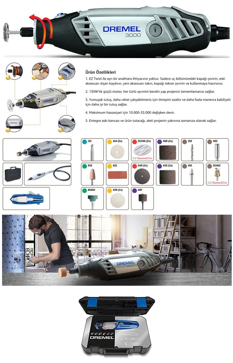 Dremel 3000 130 Watt 25 aksesuarli çok amaçlı el motoru, değişken hız kontrollü ve EZ Twist uç değiştirme sistemli kullanım görseli