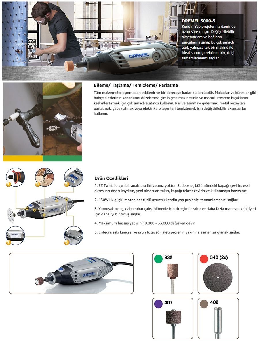 Dremel 3000 çok amaçlı el motoru 130W güç, değişken hız ayarı ve 15 aksesuar ile hobi, tamirat ve detay işlerinde pratik kullanım sunar