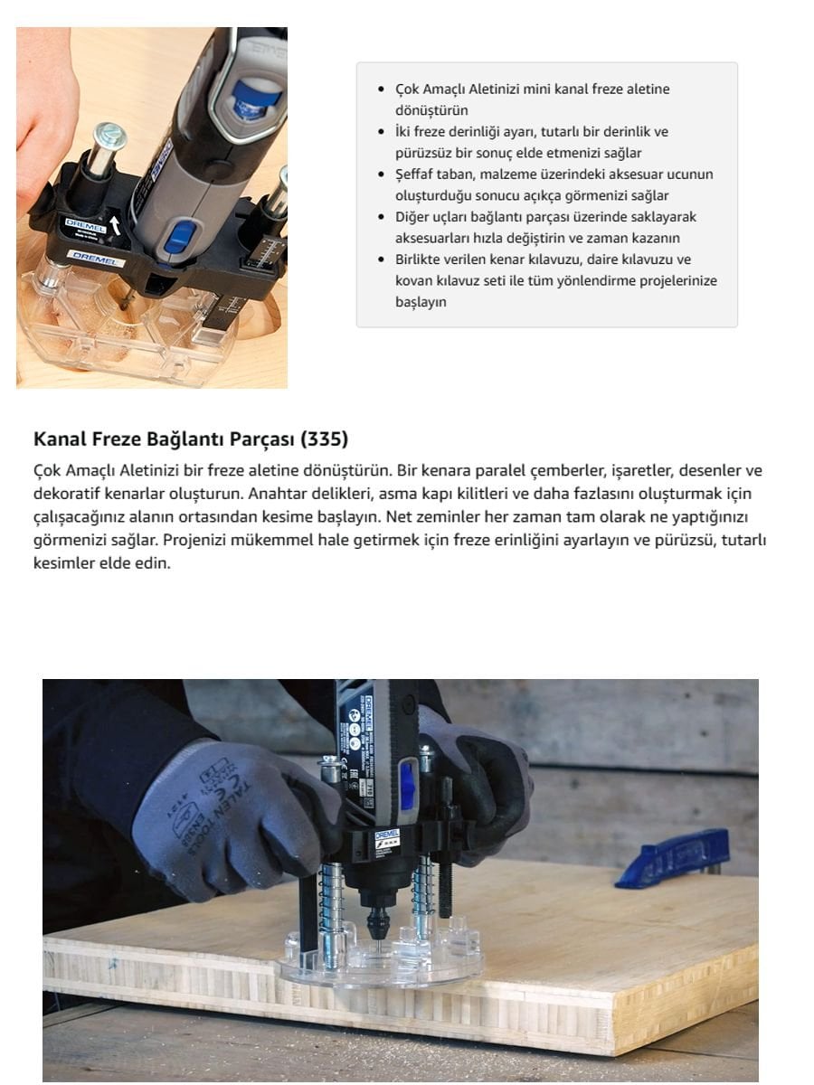 Dremel 335 daldırmalı kanal freze bağlantı parçası, uyumlu Dremel el motorlarıyla hafif kanal açma ve ahşap işlerinde hassas frezeleme yapmak için kullanılır.