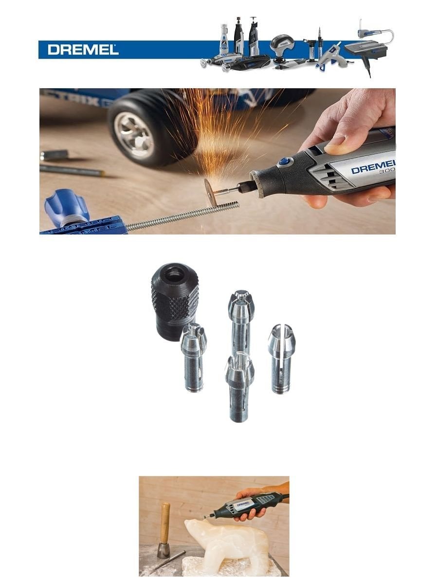 Dremel 4485 mandren dahil penset seti, 1 mandren ve 0,8 - 1,6 - 2,4 - 3,2 mm ölçülerinde 4 penset içeriği