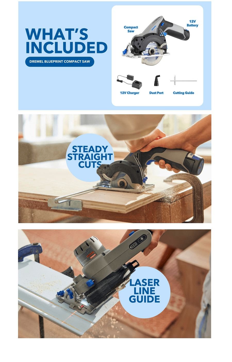 Dremel Blueprint CS12V-S1 12V kompakt testere, lazer kılavuzlu ve akülü taşınabilir kesim çözümü.