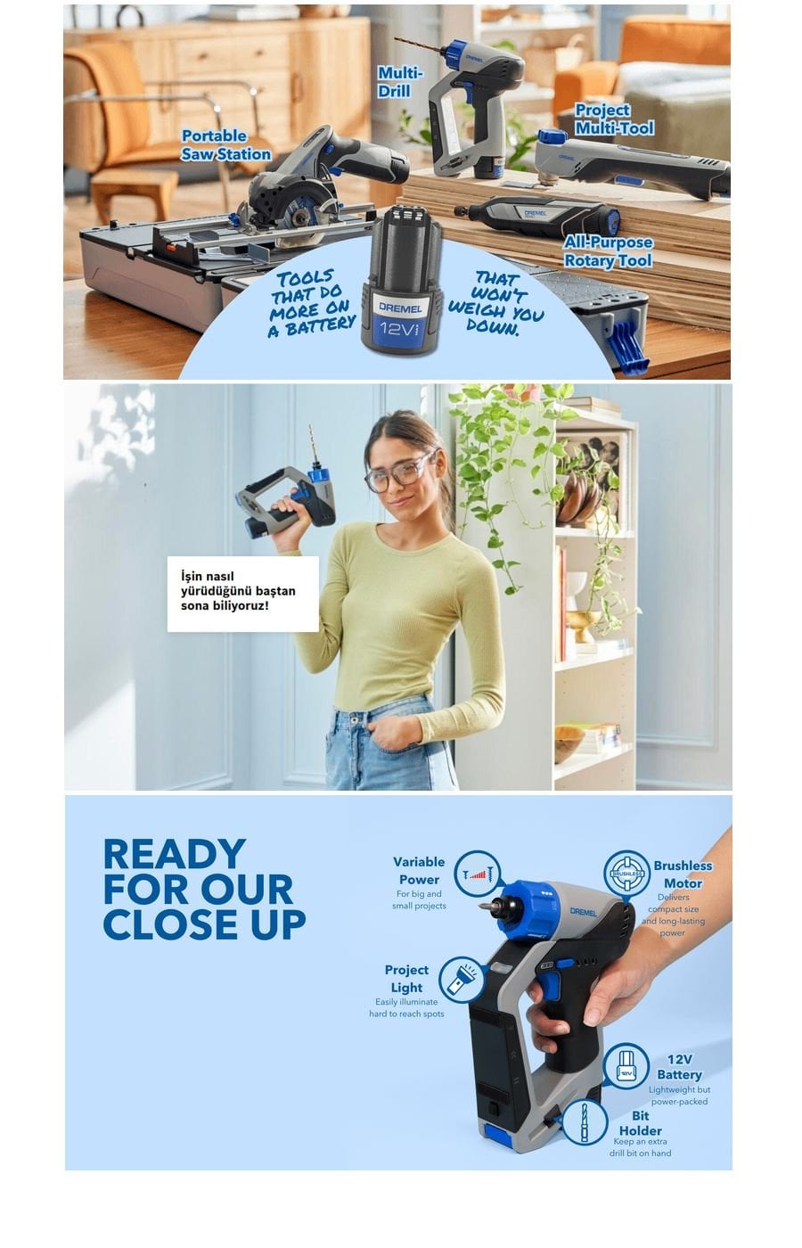 Dremel Blueprint DD12V-S1 Multi-Drill 12V akülü vidalama makinesi; dahili duvar dikmesi bulucu, ayrılabilir lazer hizalama aparatı ve kompakt kömürsüz motor yapısıyla montaj işleri için pratik kullanım sunar.