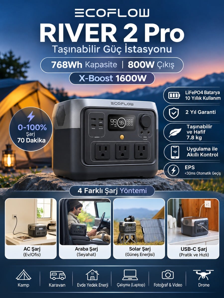 EcoFlow RIVER 2 Pro 768Wh 800W taşınabilir güç istasyonu, 1600W X-Boost, 70 dakika hızlı şarj ve 4 farklı şarj yöntemi.