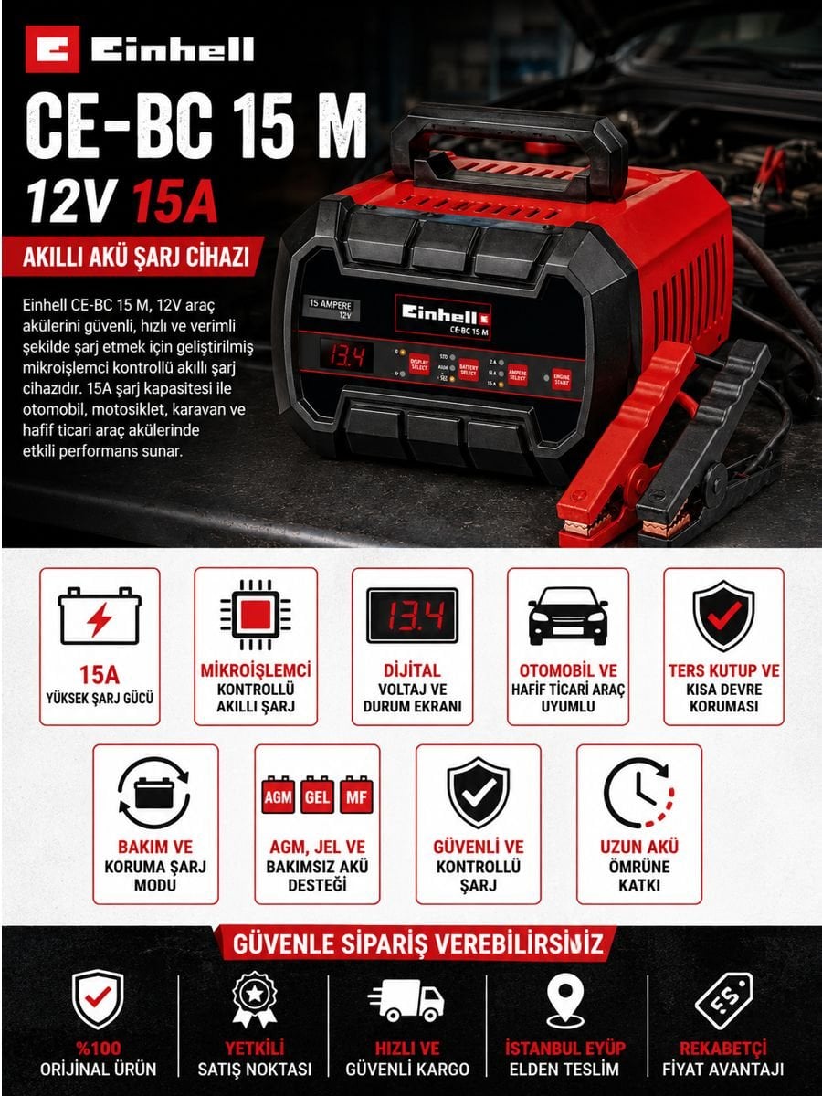 Einhell CE-BC 15 M 12V 15A akıllı araç aküsü şarj cihazı açıklama görseli