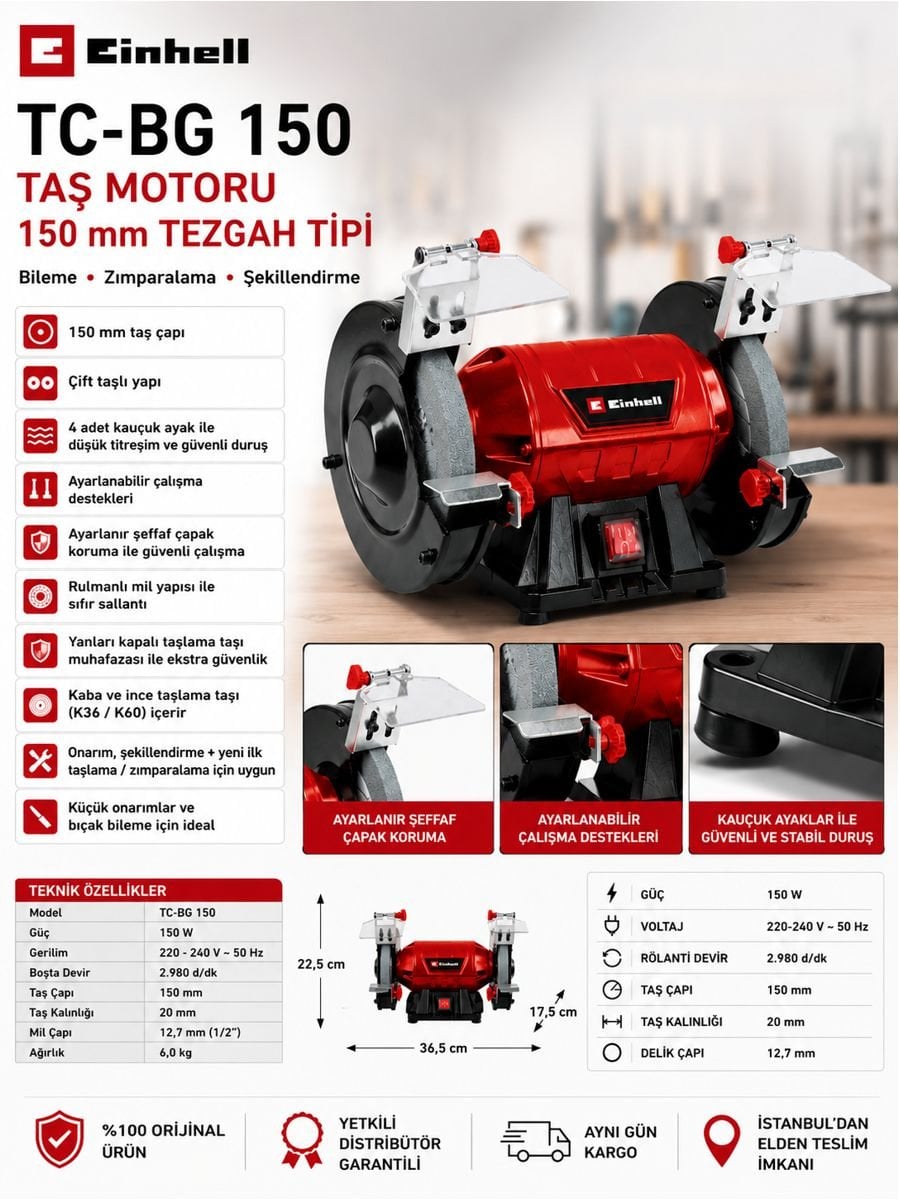 Einhell TC-BG 150 150 mm tezgah tipi taş motoru çift taşlı bileme ve zımparalama makinesi
