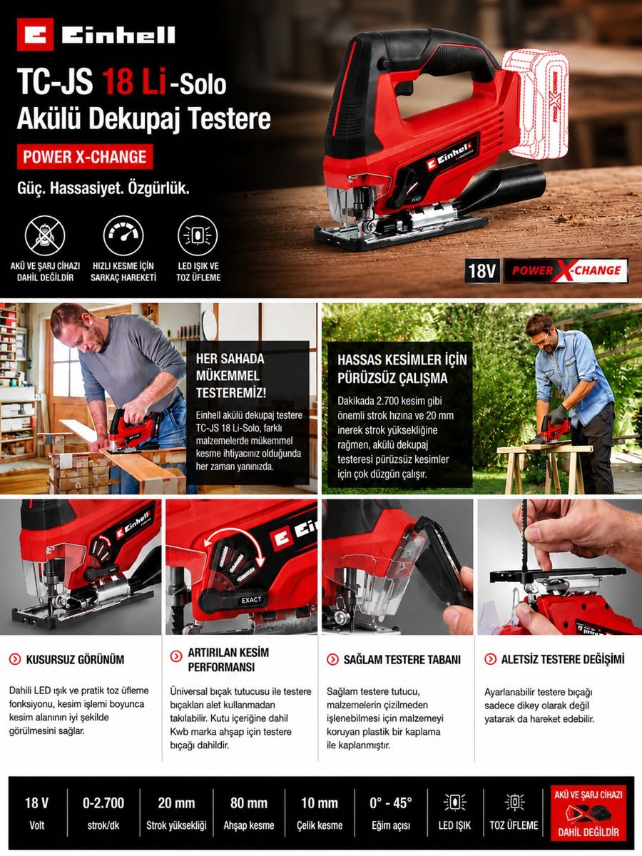 Einhell TC-JS 18 Li-Solo akülü dekupaj testere, Power X-Change uyumlu, LED ışıklı, sarkaç hareketli ve aletsiz bıçak değişimli ürün açıklama görseli.