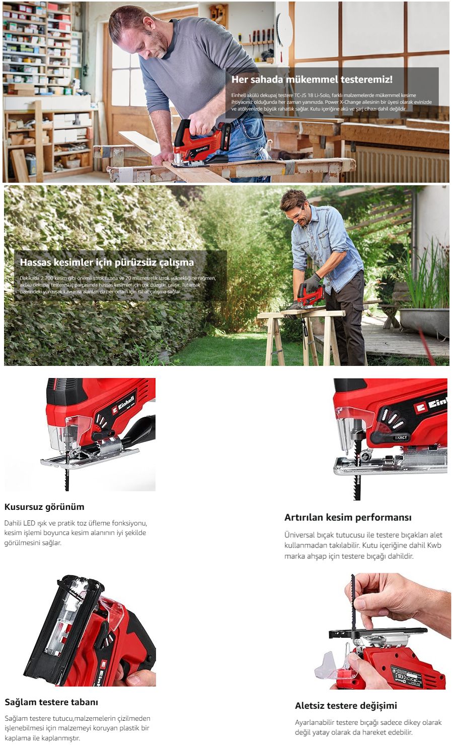 Einhell TC-JS 18 Li - Solo akülü dekupaj testere, kablosuz kullanım, LED ışık ve toz üfleme özelliğiyle ahşap ve metal kesim işleri için pratik çözüm sunar.