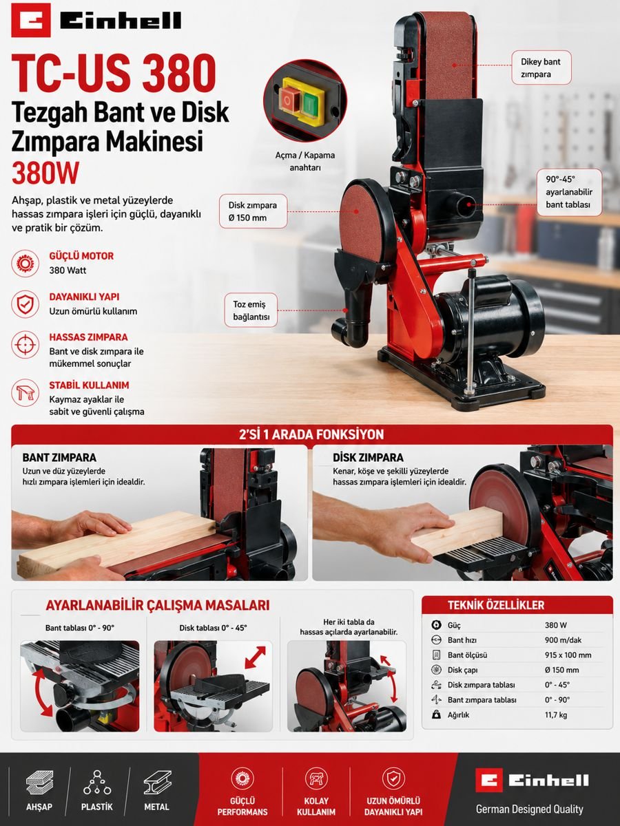 Einhell TC-US 380 380W tezgah tipi bant ve disk zımpara makinesi
