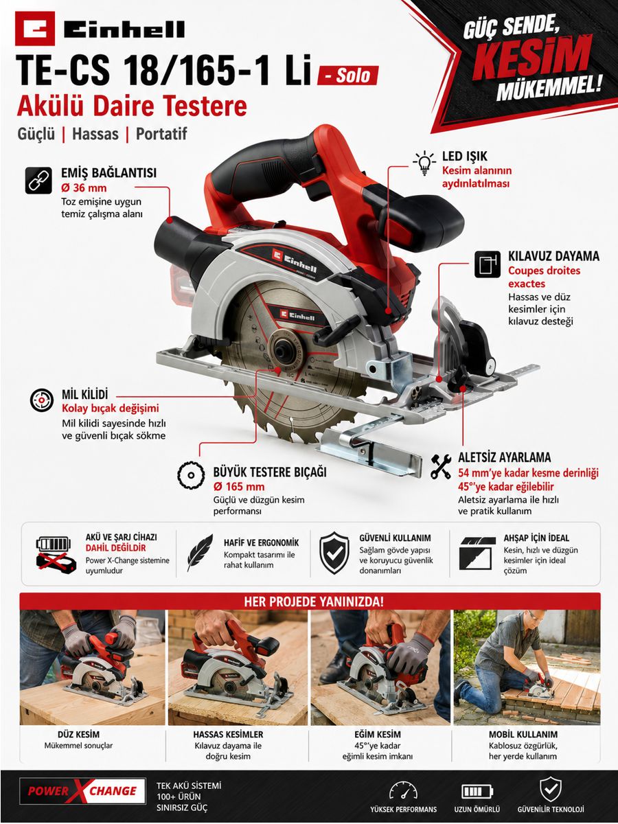 Einhell TE-CS 18/165-1 Li Solo akülü daire testere açıklama görseli. 165 mm bıçak, LED ışık, 54 mm kesme derinliği ve Power X-Change uyumluluğu.