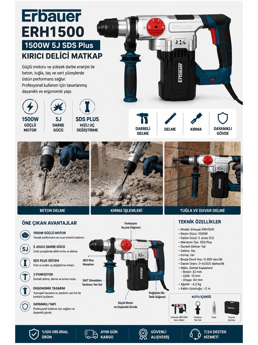 Erbauer ERH1500 1500W 5J SDS Plus kırıcı delici matkap güçlü motoru ve profesyonel kullanım yapısıyla beton ve duvar delme işlemleri için uygundur