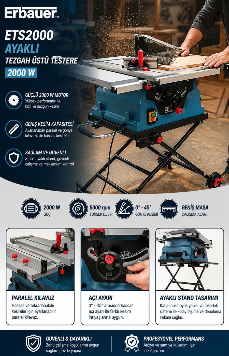 Erbauer ETS2000 2000W ayaklı tezgah üstü testere, güçlü motoru ve hassas kesim özellikleri ile profesyonel kullanım sunar.