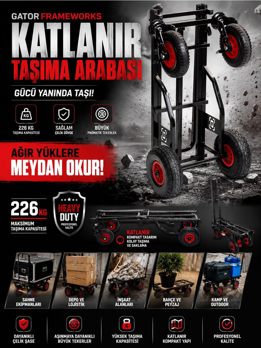 Gator Frameworks katlanır taşıma arabası 226 kg taşıma kapasiteli, çelik şaseli, büyük pnömatik tekerlekli, depo, bahçe, kamp ve inşaat kullanımına uygun çok amaçlı yük arabası.