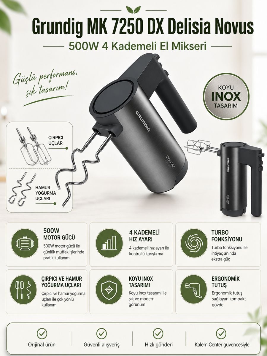 Grundig MK 7250 DX Delisia Novus 500W 4 kademeli koyu inox el mikseri, çırpıcı ve hamur yoğurma uçlarıyla mutfak kullanımı için tasarlanmıştır.