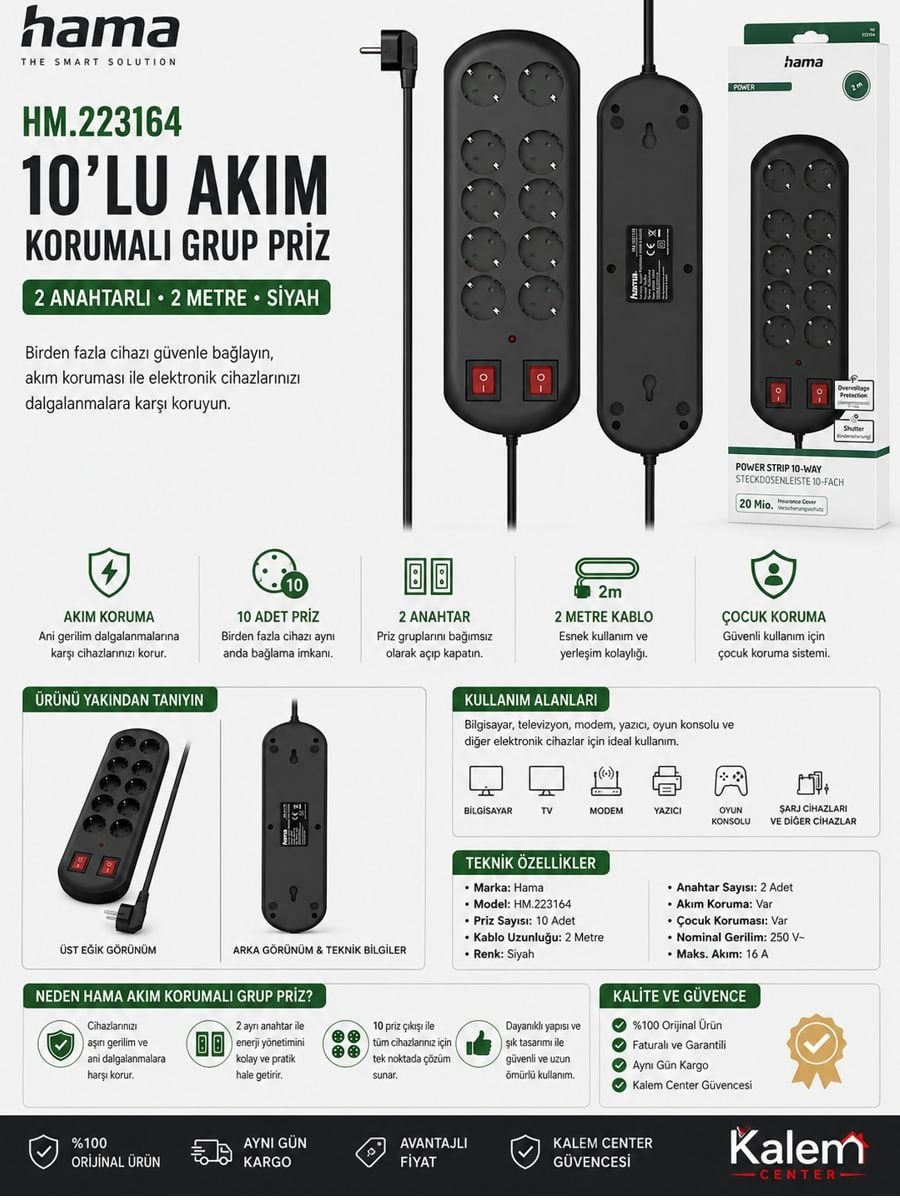 Hama HM223164 10'lu akım korumalı grup priz 2 anahtarlı 2 metre siyah açıklama görseli