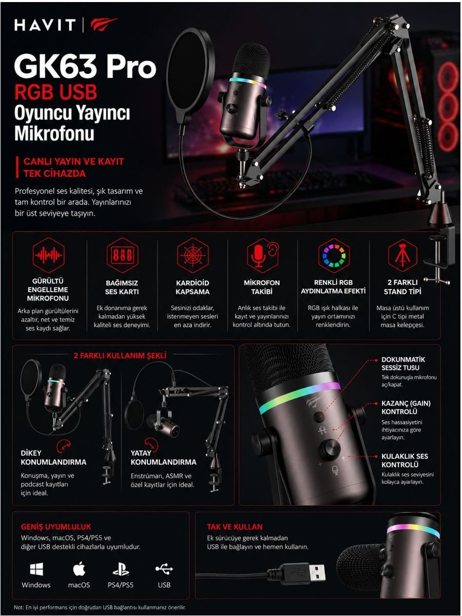 HAVIT GK63 Pro RGB USB oyuncu yayıncı mikrofonu açıklama görseli