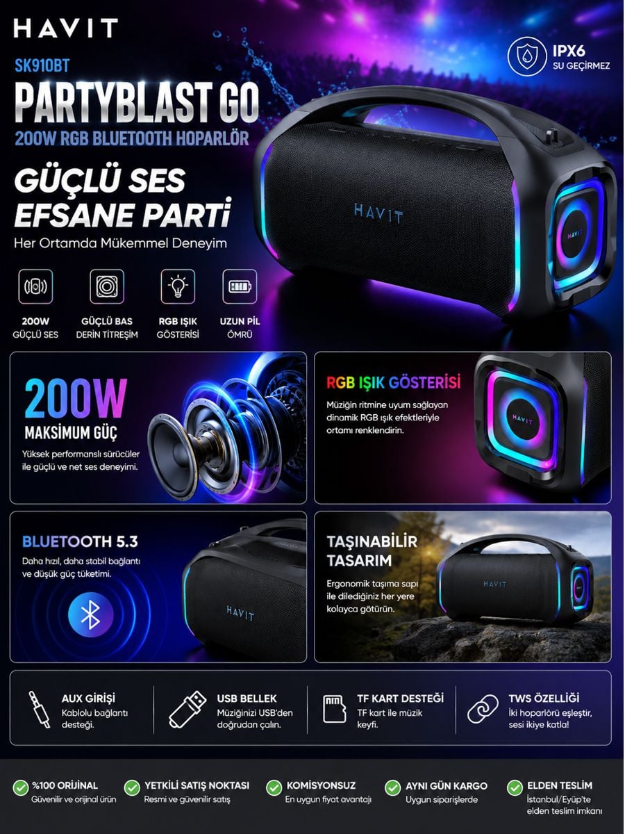 Havit SK910BT PartyBlast Go 200W RGB Bluetooth hoparlör, IPX6 su geçirmez yapı, güçlü bas, taşınabilir tasarım ve RGB ışık efektleri sunar.