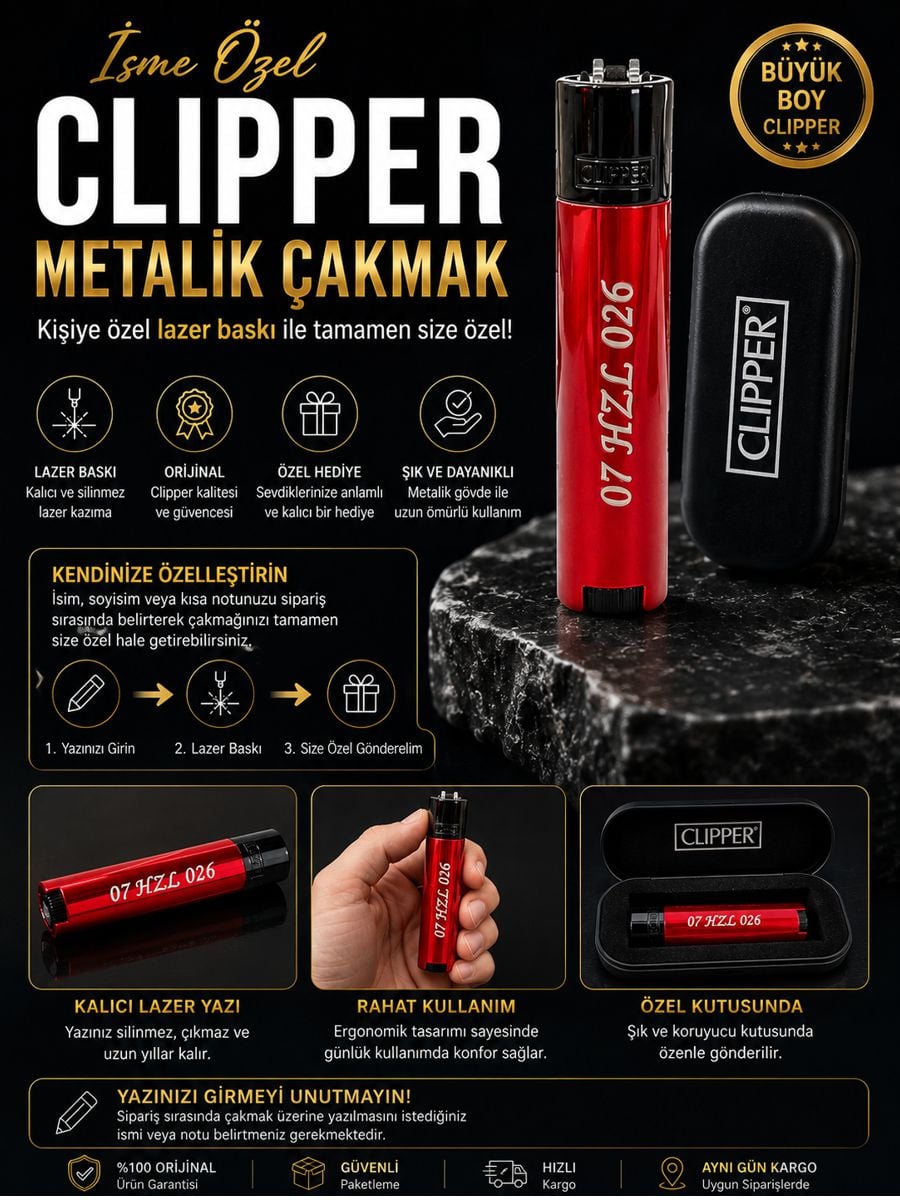İsme özel Clipper metalik çakmak açıklama görseli. Lazer baskı, kişiselleştirilebilir isim yazısı, özel kutu ve şık hediye tasarımı öne çıkarılır.