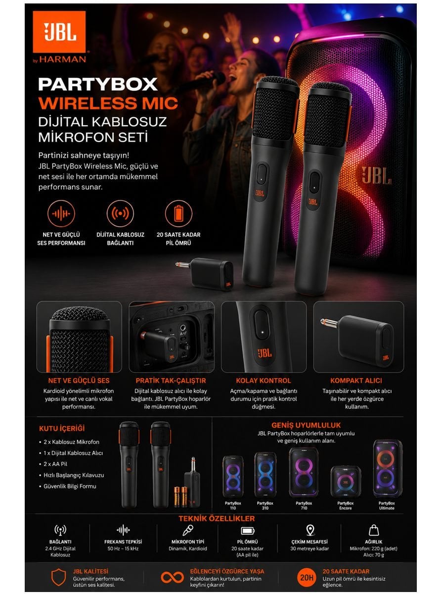 JBL PartyBox Wireless Mic dijital kablosuz mikrofon seti ve alıcı ünitesi