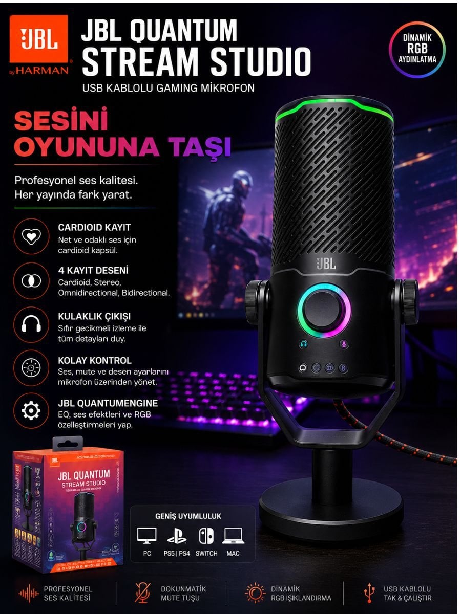 JBL Quantum Stream Studio USB kablolu gaming mikrofon, RGB aydınlatmalı yayın ve oyun mikrofonu