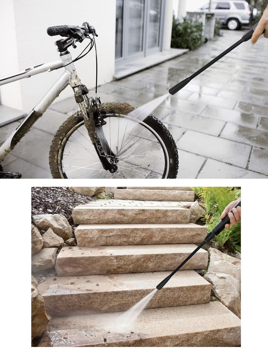 Kärcher K 2 Universal OJ 110 bar yüksek basınçlı temizleyicinin kompakt yapısını, pratik kullanımını ve ev çevresi temizlik avantajlarını gösteren açıklama görseli