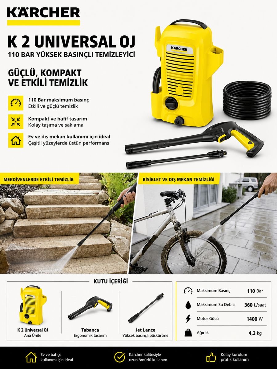 Kärcher K 2 Universal OJ 110 bar yüksek basınçlı temizleyici ürün özellikleri ve kullanım alanları görseli