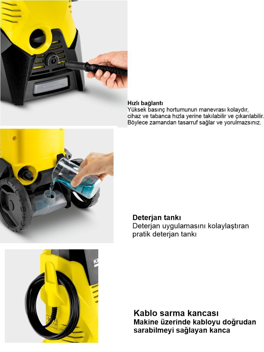 Karcher K3 120 bar yüksek basınçlı yıkama makinesi, araç, bahçe, teras ve dış mekan temizliklerinde pratik kullanım sunar.