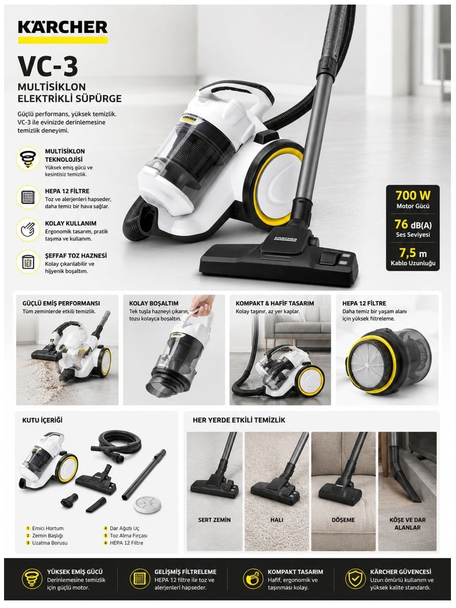 Karcher VC 3 kablolu toz torbasız elektrikli süpürge multisiklon filtreleme ve kompakt tasarım