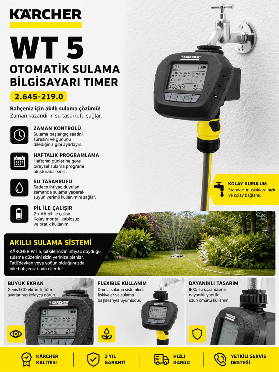 Karcher WT 5 otomatik sulama bilgisayarı timer; haftalık programlama, LCD ekran, kolay kurulum ve otomatik bahçe sulama özelliklerini gösteren açıklama görseli.