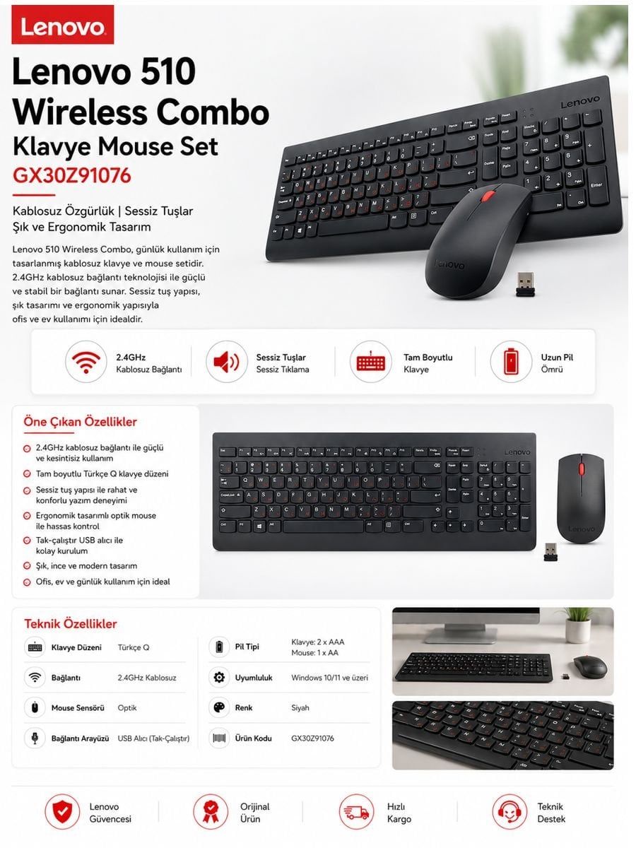 Lenovo 510 Wireless Combo kablosuz klavye ve mouse set siyah renk ergonomik tasarım