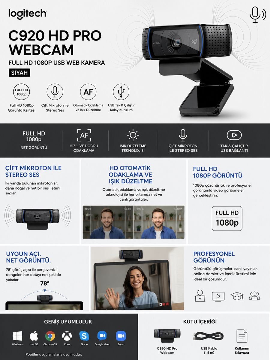 Logitech C920 HD Pro Webcam Full HD 1080p USB web kamera otomatik odaklama ve çift mikrofon özellikleri