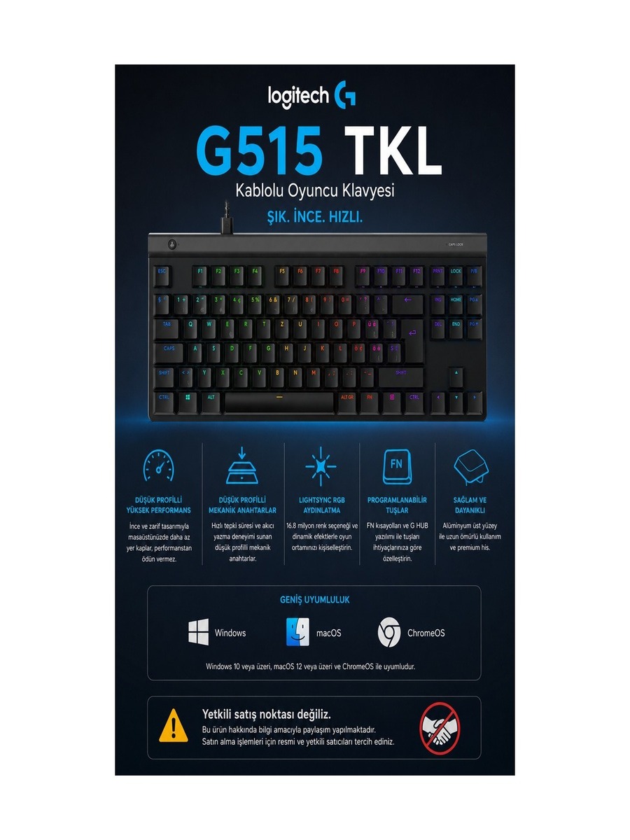 Logitech G G515 TKL kablolu oyuncu klavyesini tanıtan açıklama görseli. Siyah renkli, RGB aydınlatmalı düşük profilli TKL klavye merkezde yer alıyor.