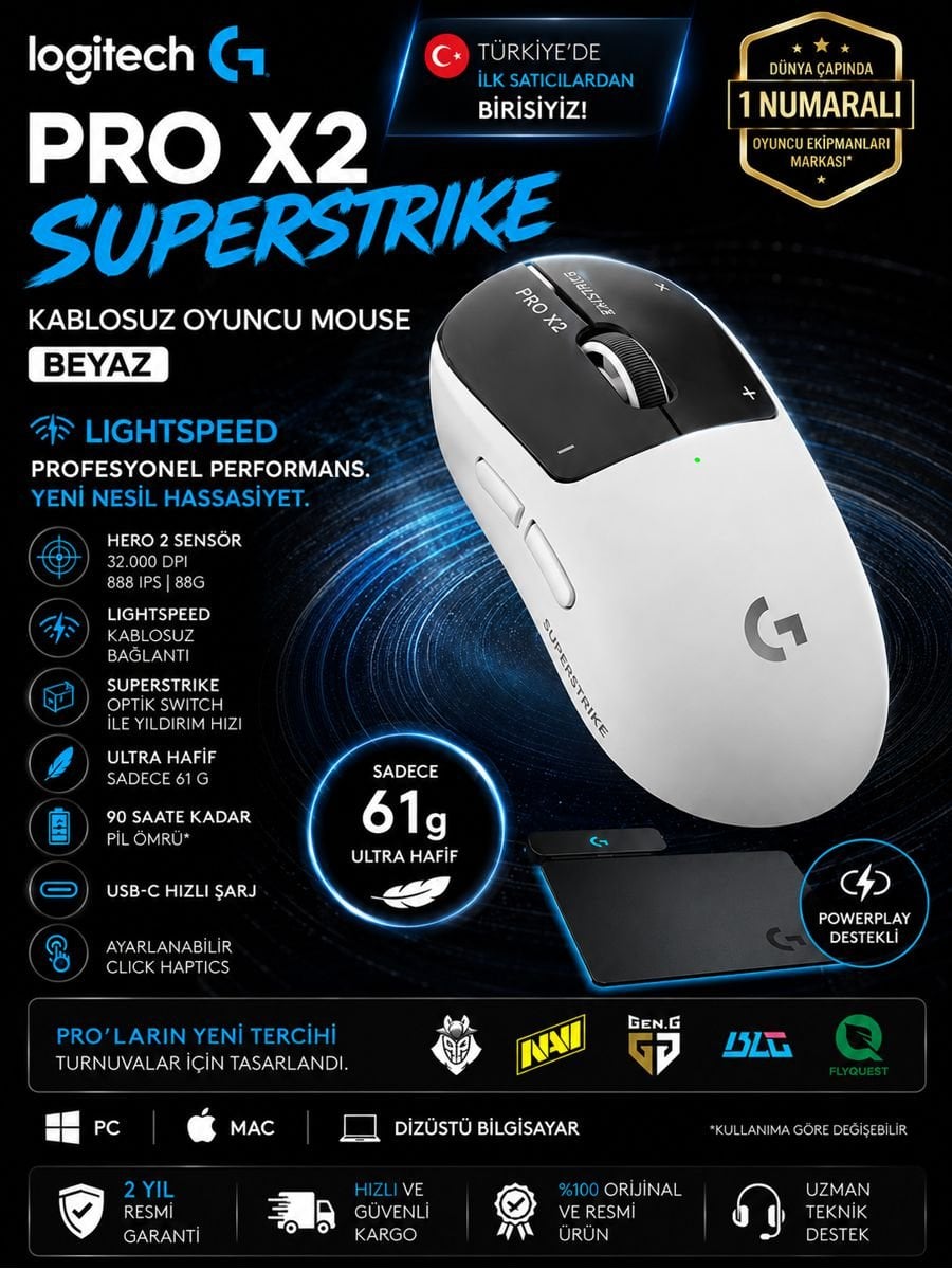 LOGITECH G Pro X2 Superstrike kablosuz oyuncu mouse beyaz modelinin LIGHTSPEED bağlantı, 61 g hafif tasarım ve Click Haptics özelliklerini gösteren açıklama görseli