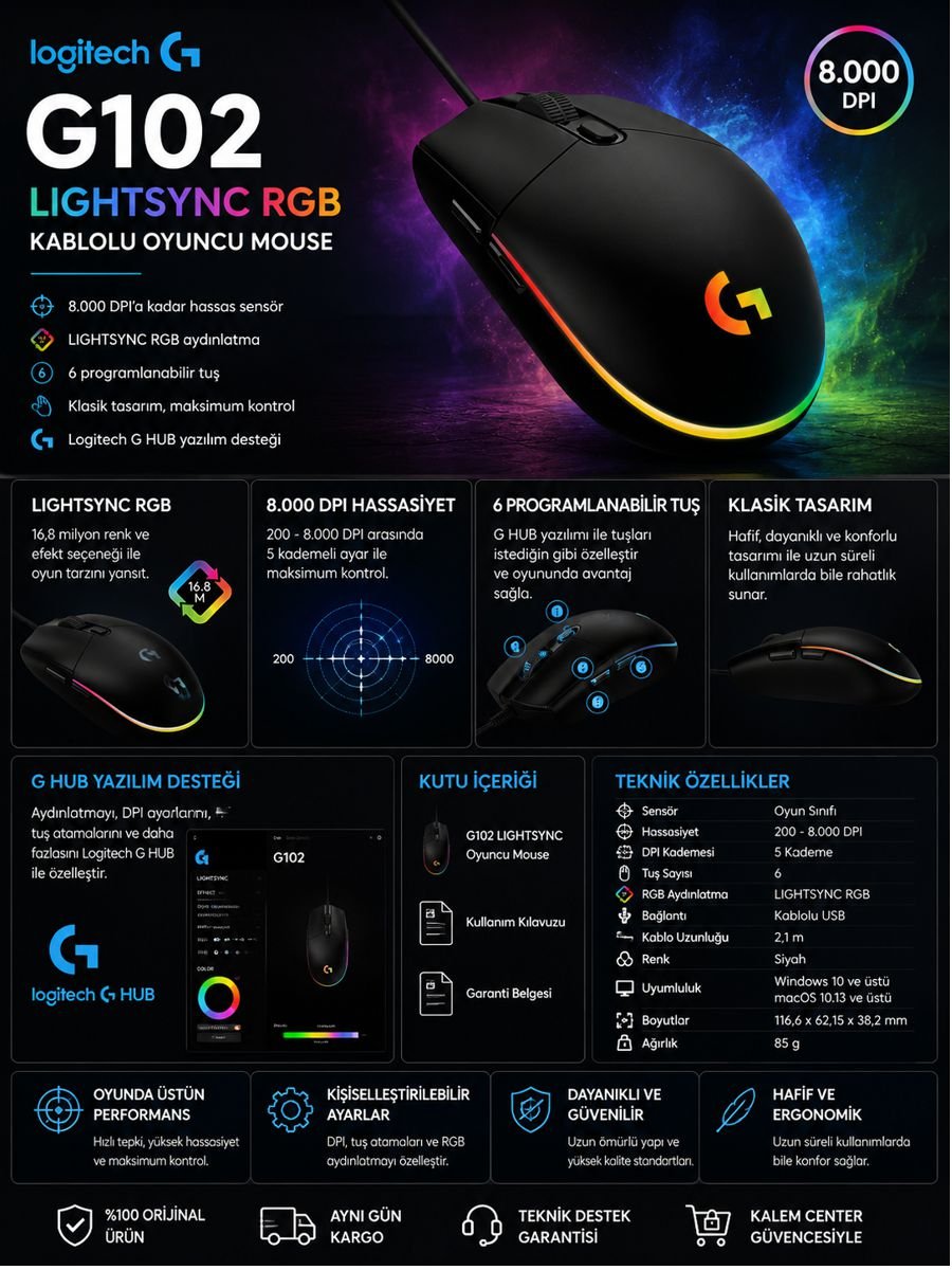Logitech G102 LIGHTSYNC RGB kablolu oyuncu mouse, 8000 DPI hassas sensörlü ve 6 programlanabilir tuşlu gaming mouse