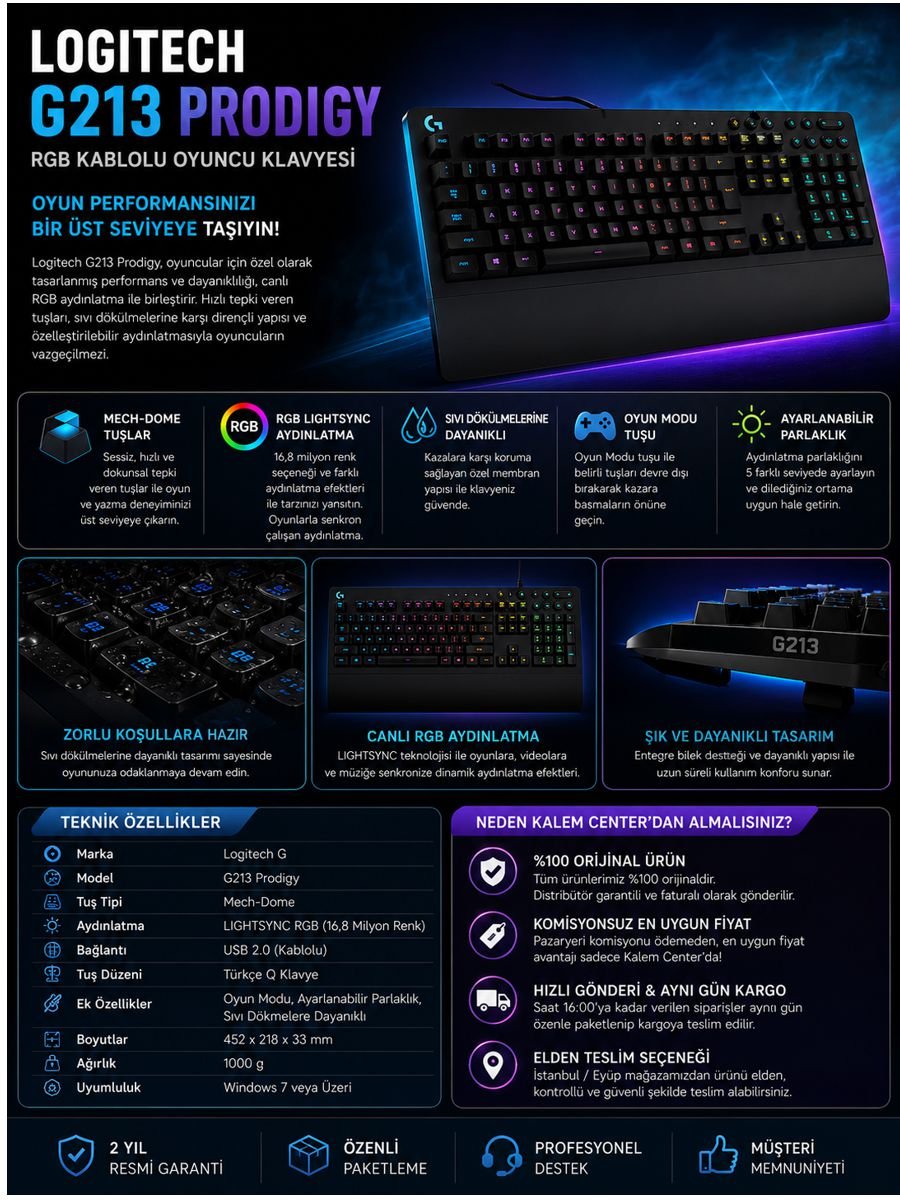 Logitech G213 Prodigy RGB kablolu oyuncu klavyesi LIGHTSYNC aydınlatmalı gaming klavye görseli