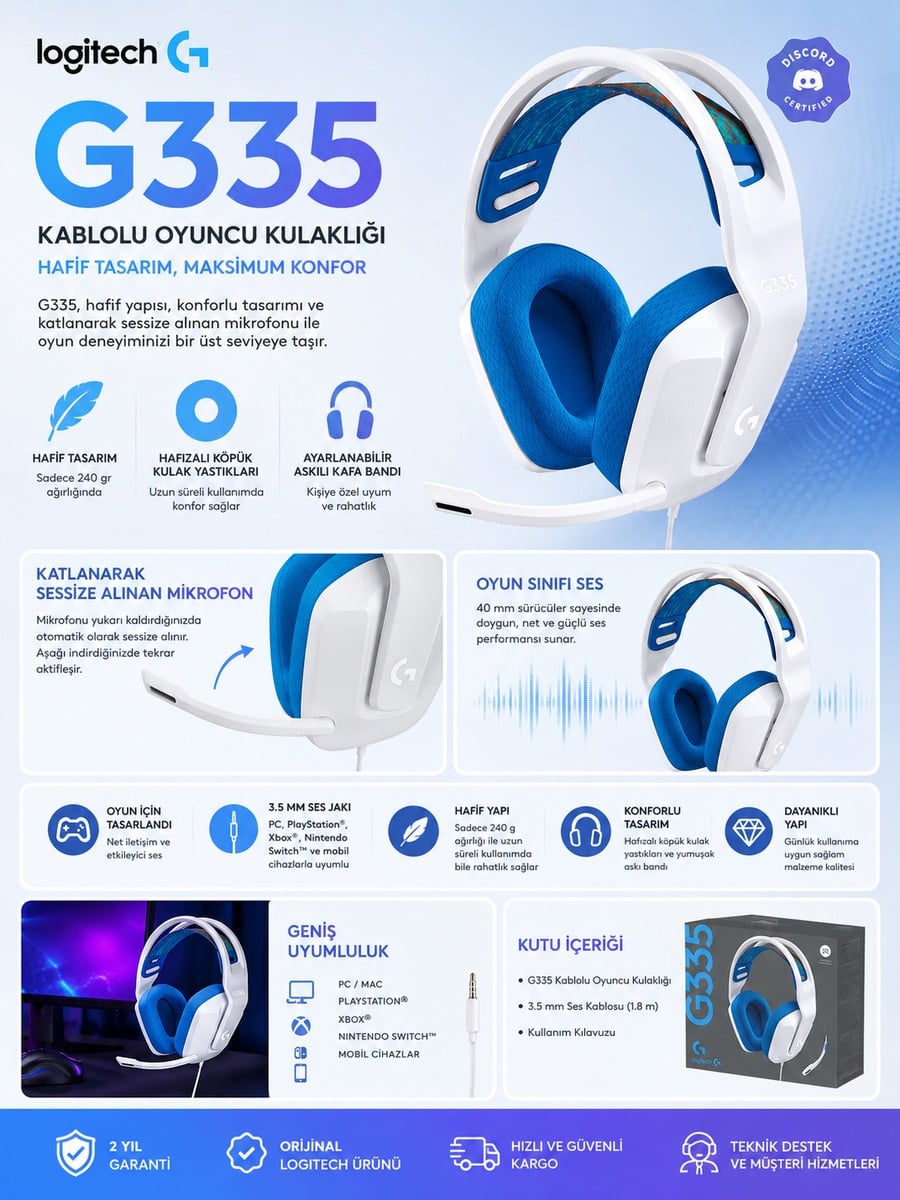Logitech G335 oyuncu kulaklığı özellikleri; 40 mm sürücüler, katlanabilir mikrofon, hafızalı köpük kulak yastıkları ve ayarlanabilir kafa bandı