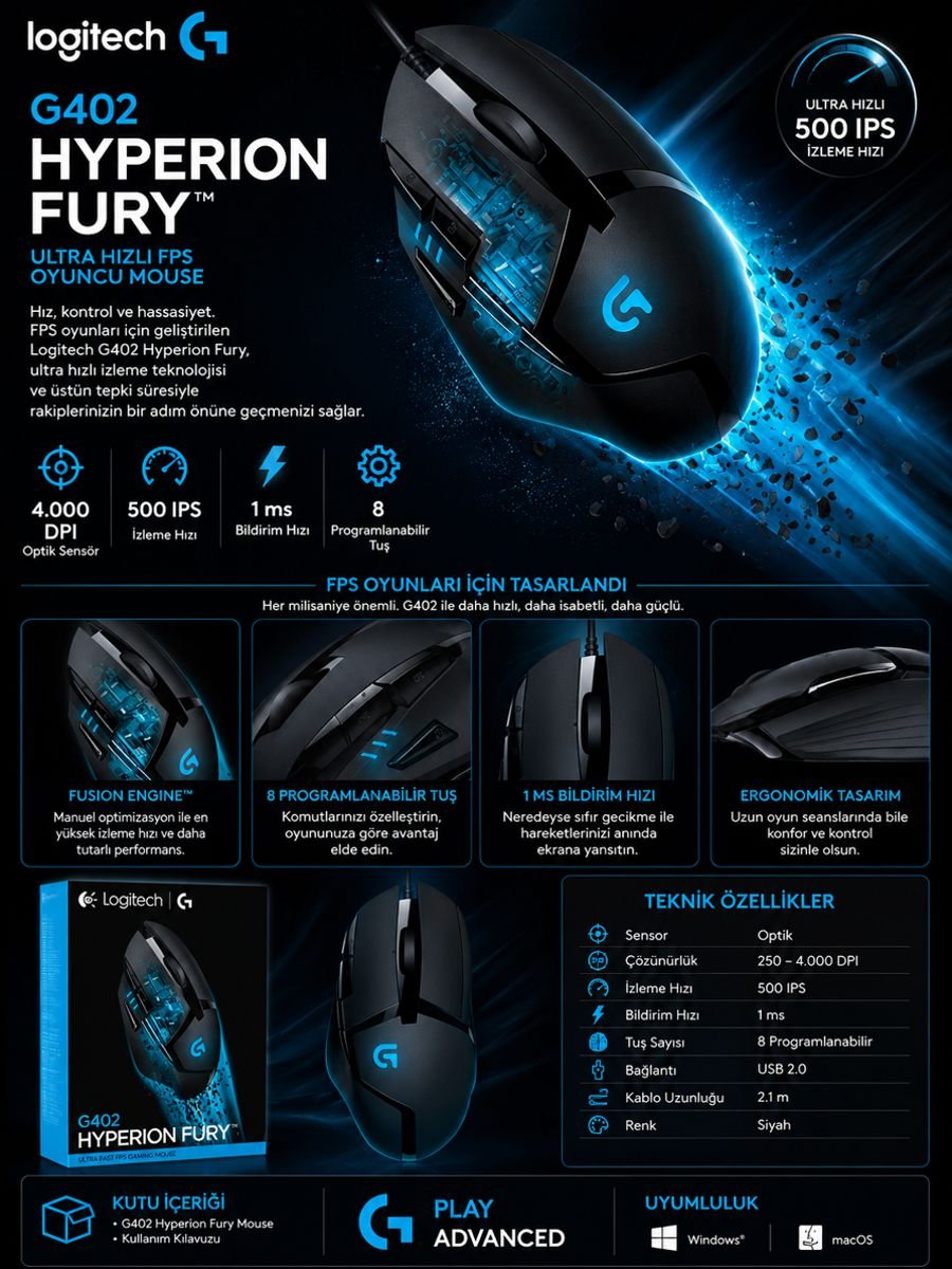 Logitech G402 Hyperion Fury 4000 DPI kablolu oyuncu mouse açıklama görseli