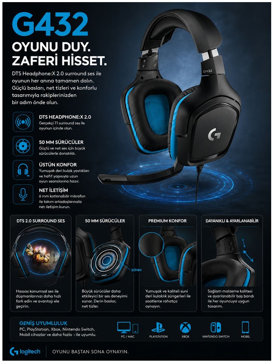 Logitech G432 DTS Headphone:X 2.0 surround ses destekli 50 mm sürücülü kablolu oyuncu kulaklığı