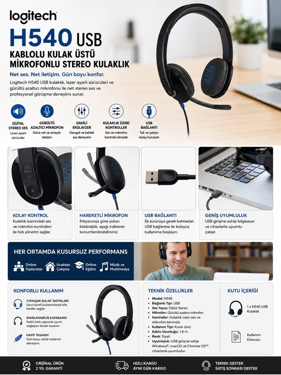 Logitech H540 USB kablolu kulak üstü mikrofonlu stereo kulaklık özellikleri ve kullanım alanları
