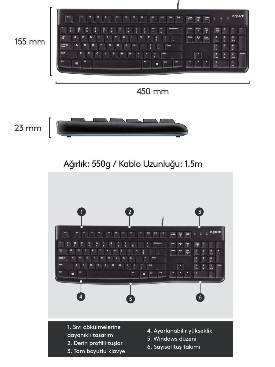 Logitech K120 kablolu Q klavye sessiz tuşlu dayanıklı ofis ve ev kullanımı için klavye
