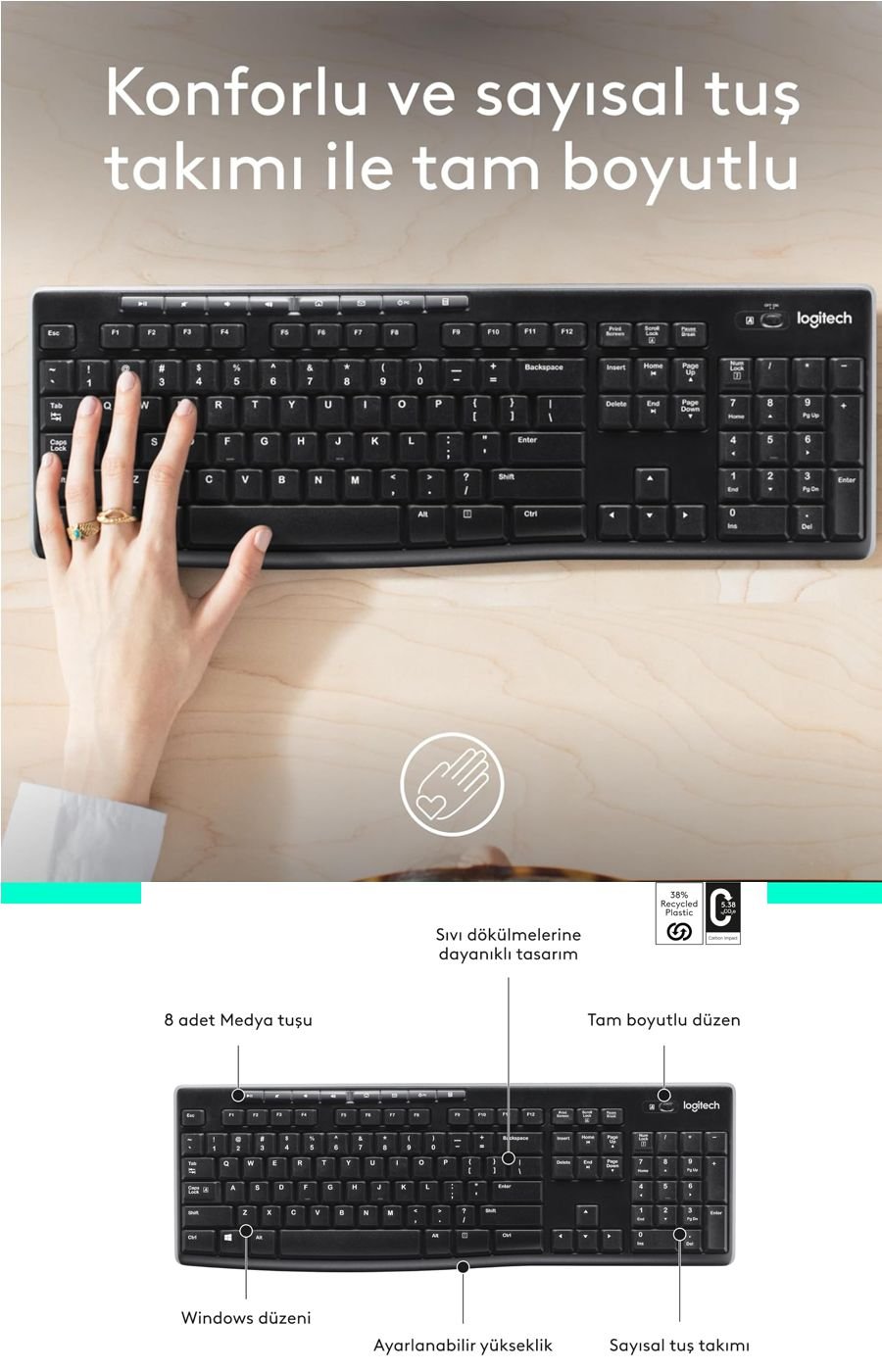 Logitech K270 tam boyutlu kablosuz Türkçe klavye günlük kullanım ve ofis işleri için pratik çözümler sunar