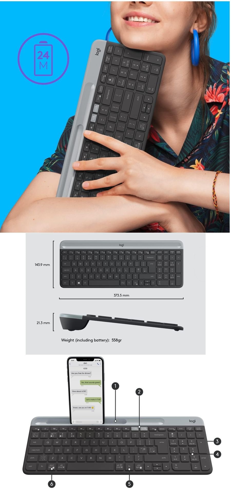 Logitech K580 Slim Multi-Device kablosuz klavye siyah renk ince tasarım ve çoklu cihaz desteğiyle ofis kullanımına uygun klavye