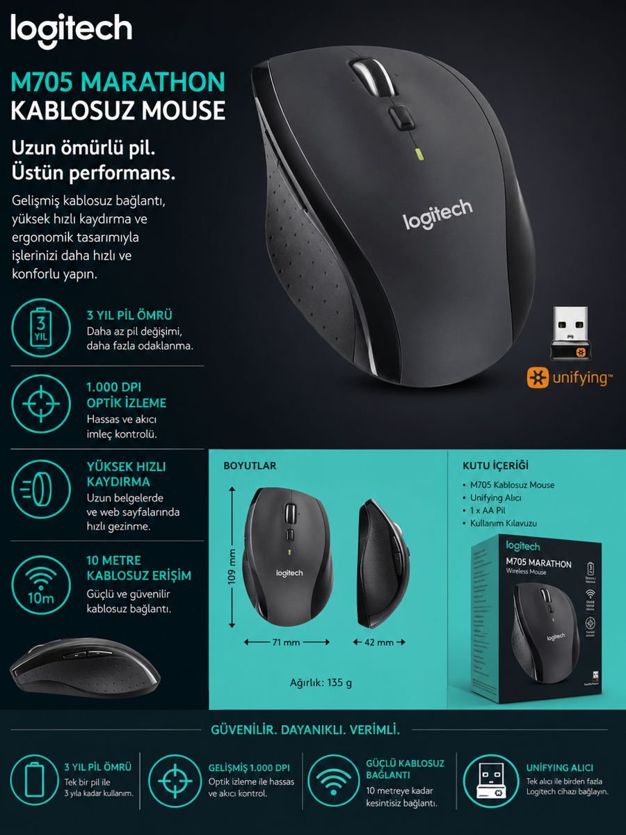 Logitech M705 Marathon kablosuz mouse, 3 yıl pil ömrü, 1000 DPI optik izleme, Unifying alıcı ve yüksek hızlı kaydırma özellikli siyah mouse.