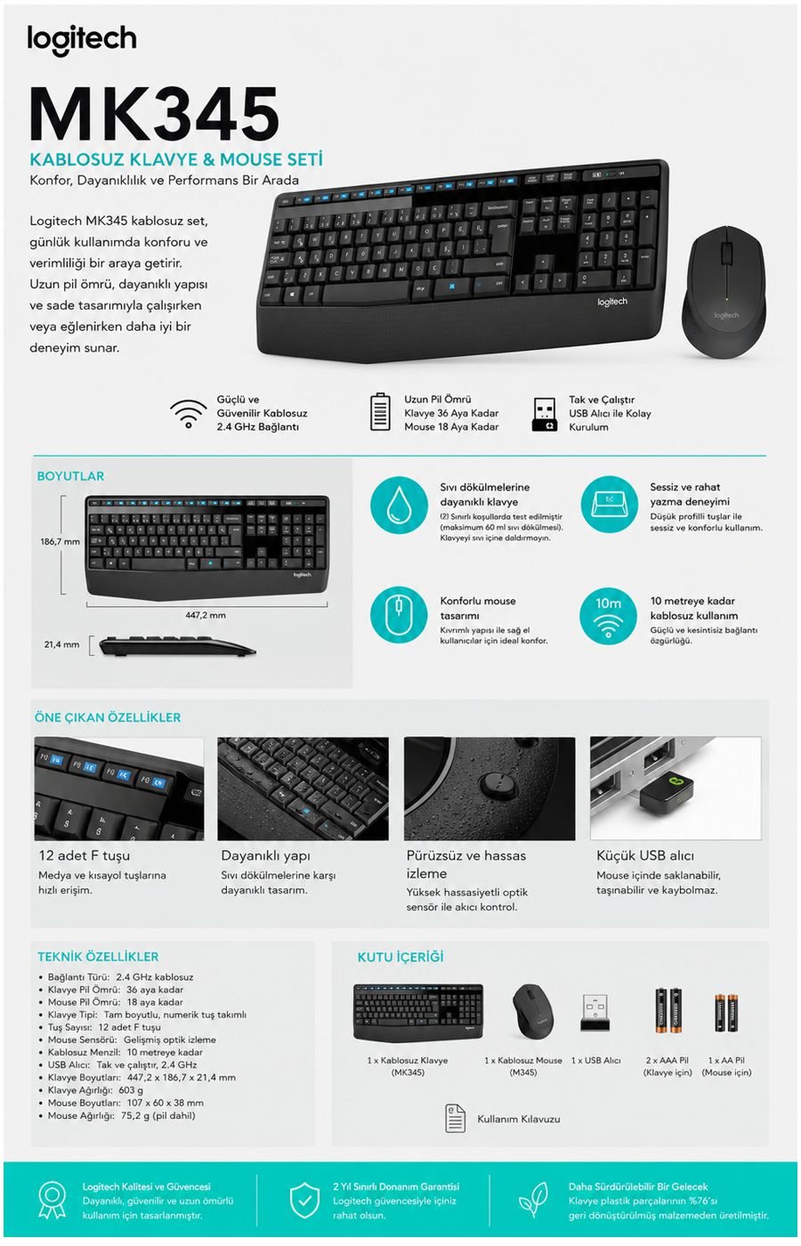 Logitech MK345 kablosuz Türkçe Q klavye ve mouse seti uzun pil ömürlü tam boy klavye seti